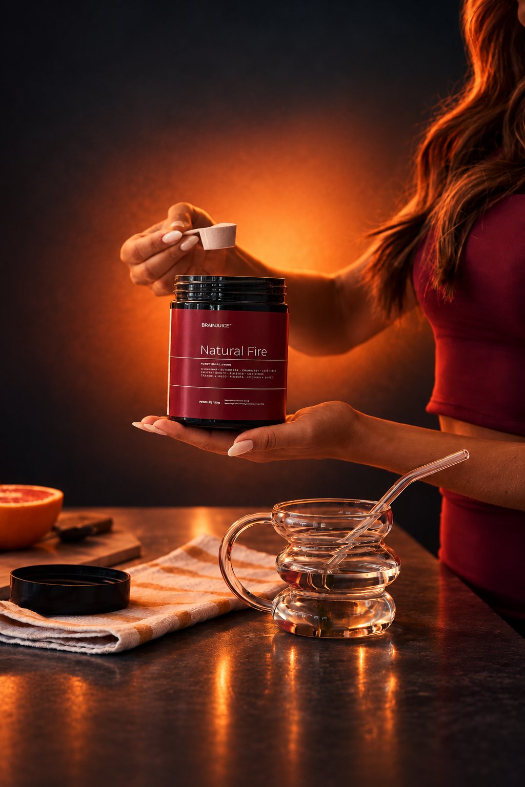Mulher tirando uma dose de Natural Fire do pote, com luz laranja ao fundo